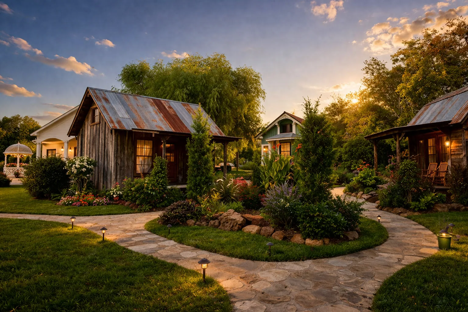 Tiny Texas Cottages and gardens at twilight