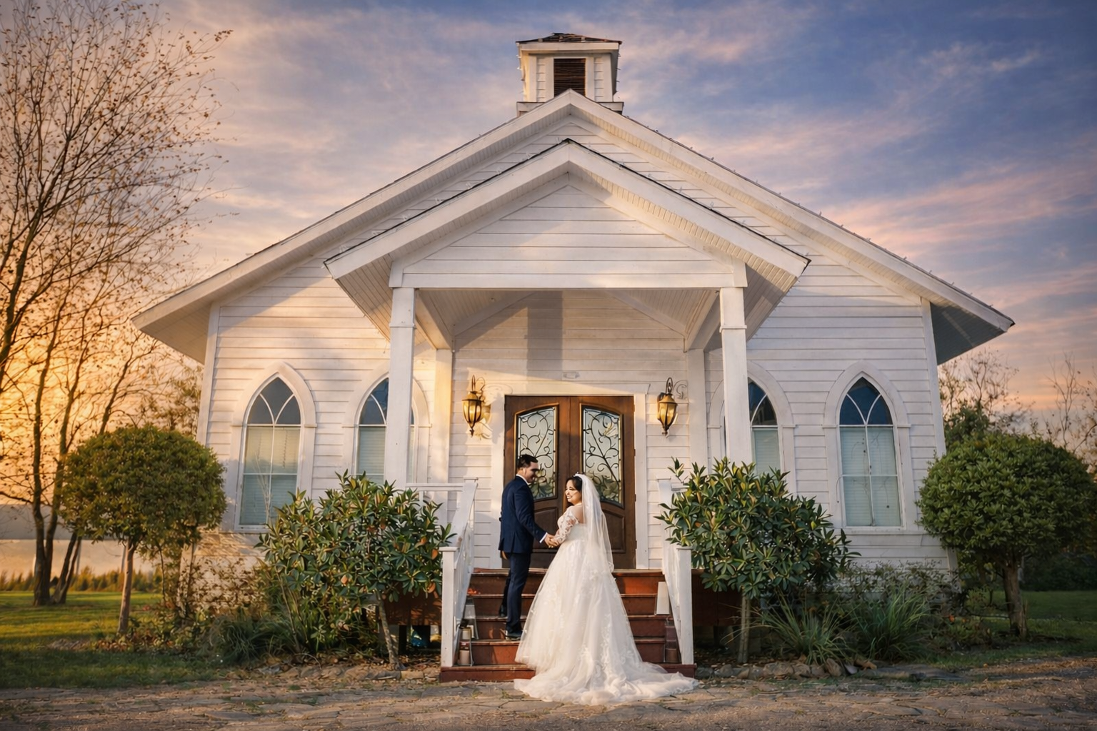 Bride and groom at the chapel during golden hour