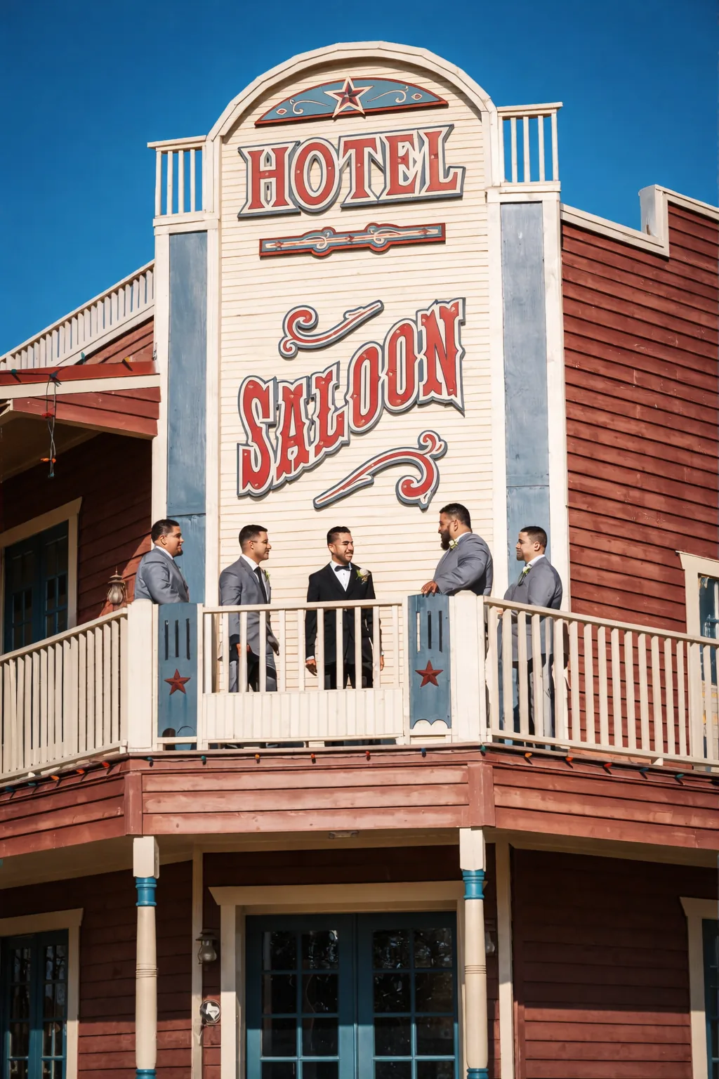 Groomsmen gathered on the Saloon balcony